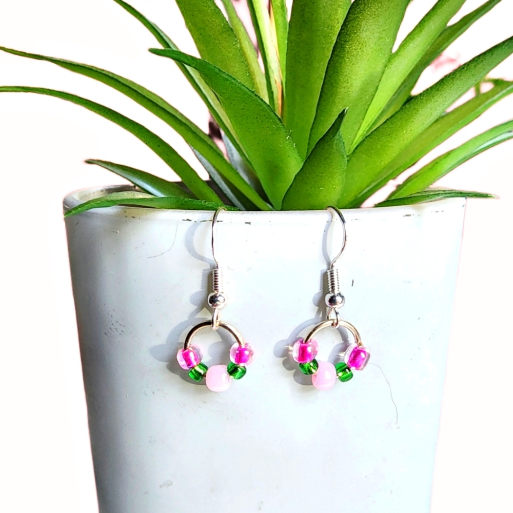 Pink & Green Silver Mini Loop Dangle Earrings